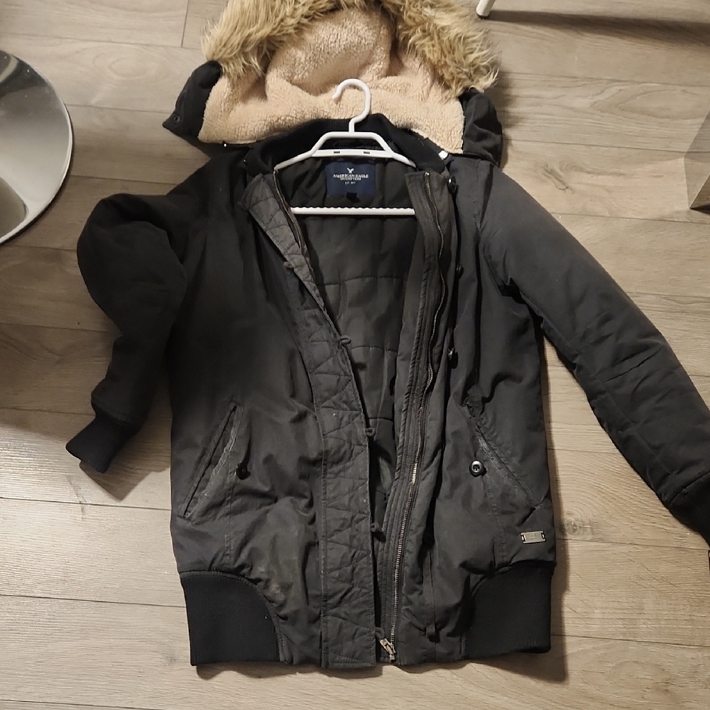American Eagle Outfitters Dark Gray Bomber Jacket with Fur Hood